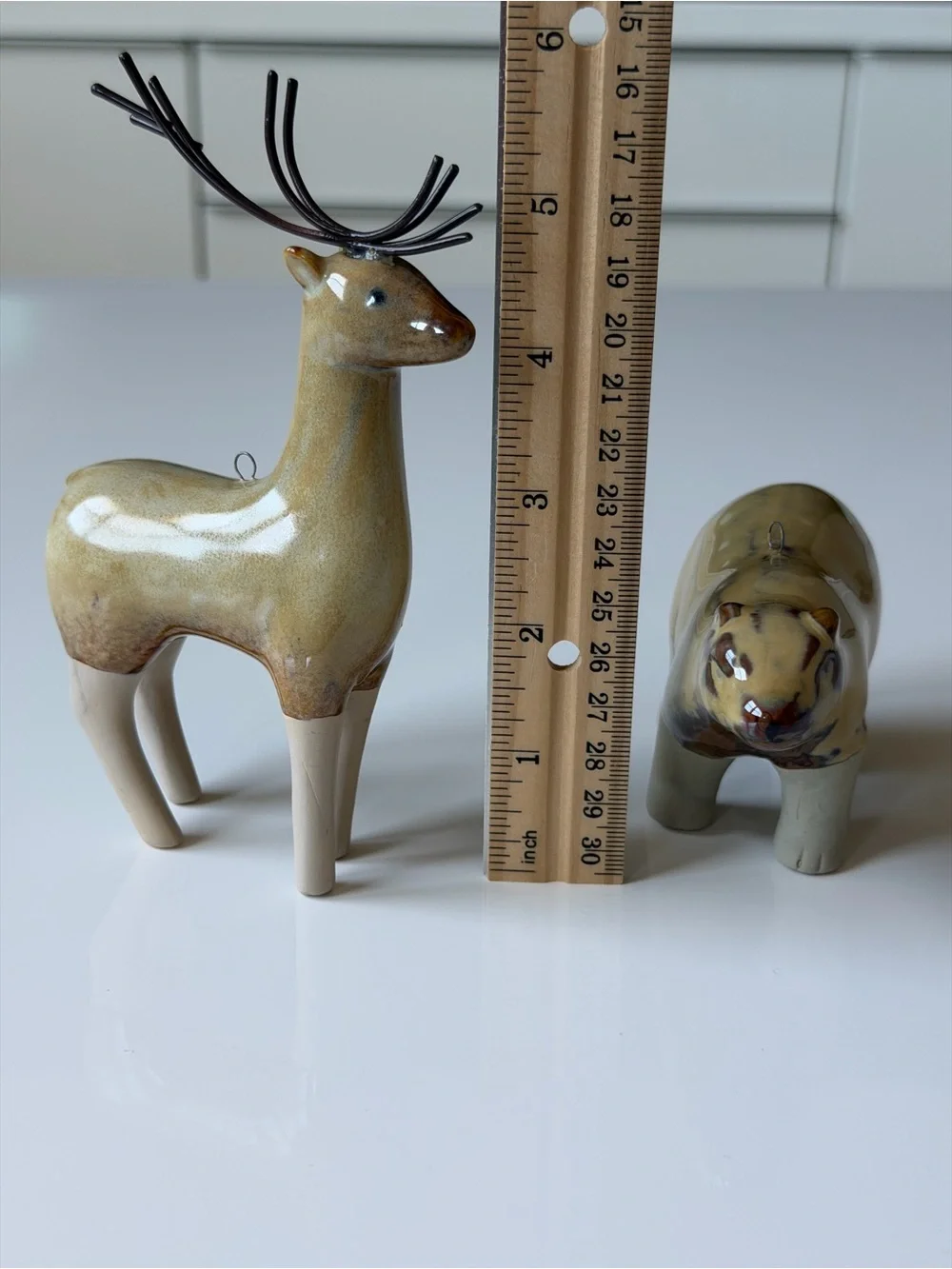 Ceramic Deer and Bear Figurine Set in Glazed Beige Rustic Woodland
